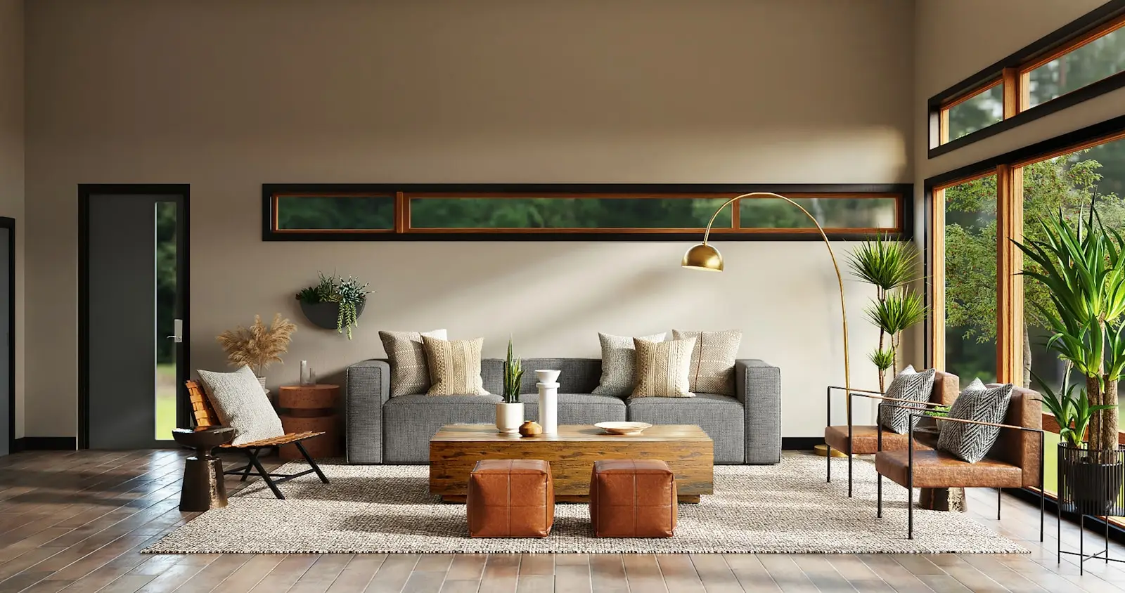 Salon résidentiel contemporain en lumière rasante, mobilier sur mesure et matières naturelles